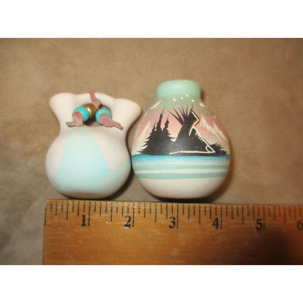 Miniature Native American Style Pottery Set With Scenic Design & Beaded Accent